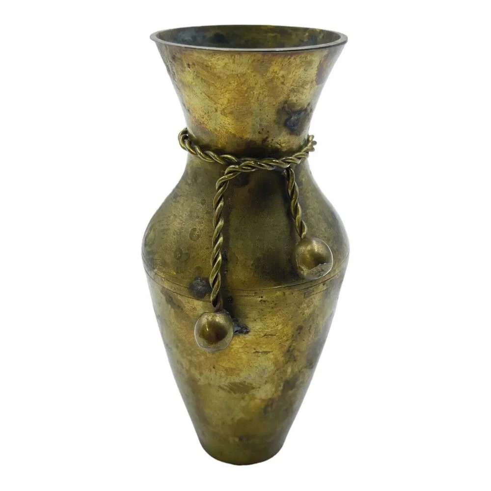 Vintage Small Solid Brass Decorative Vase With Braided Copper Tie Made in India.